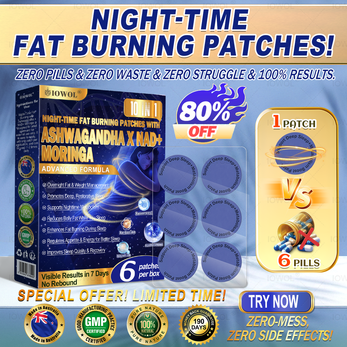ERO WASTE & ZEIOWOL ® NIGHT-TIME FAT BURNING PATCHES! ZERO PILLS & ZRO STRUGGLE & 100% RESULTS